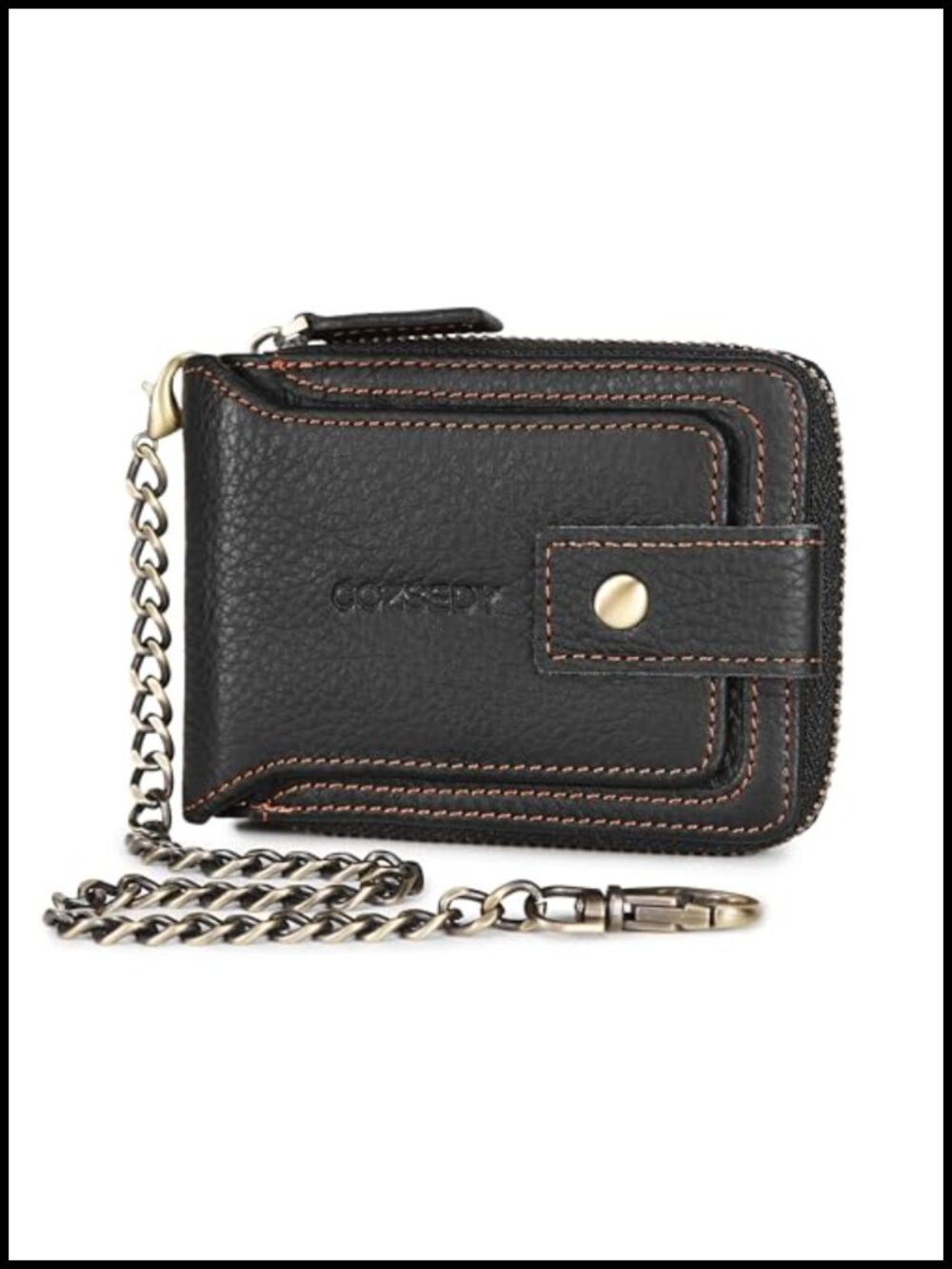 Men's RFID Blocking Leather Chain Wallet with Zipper Coin Pocket Bifold